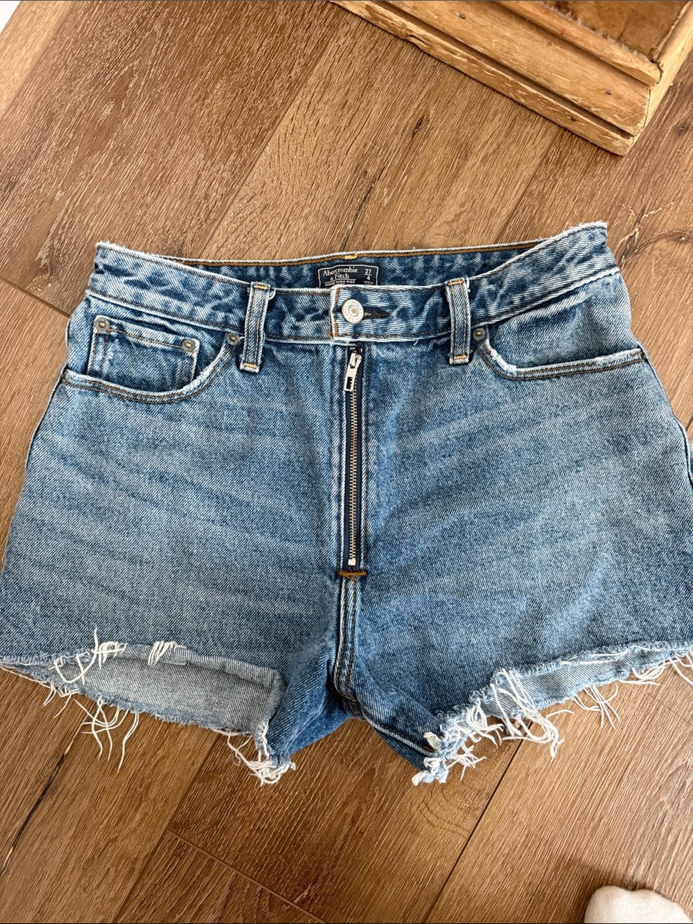 Abercrombie & Fitch Light Blue High-Rise Distressed Jean Shorts